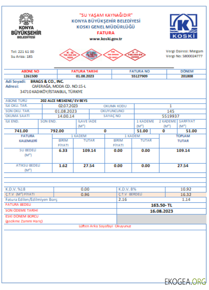 Facture commerciale du service des eaux de Turquie, SCR